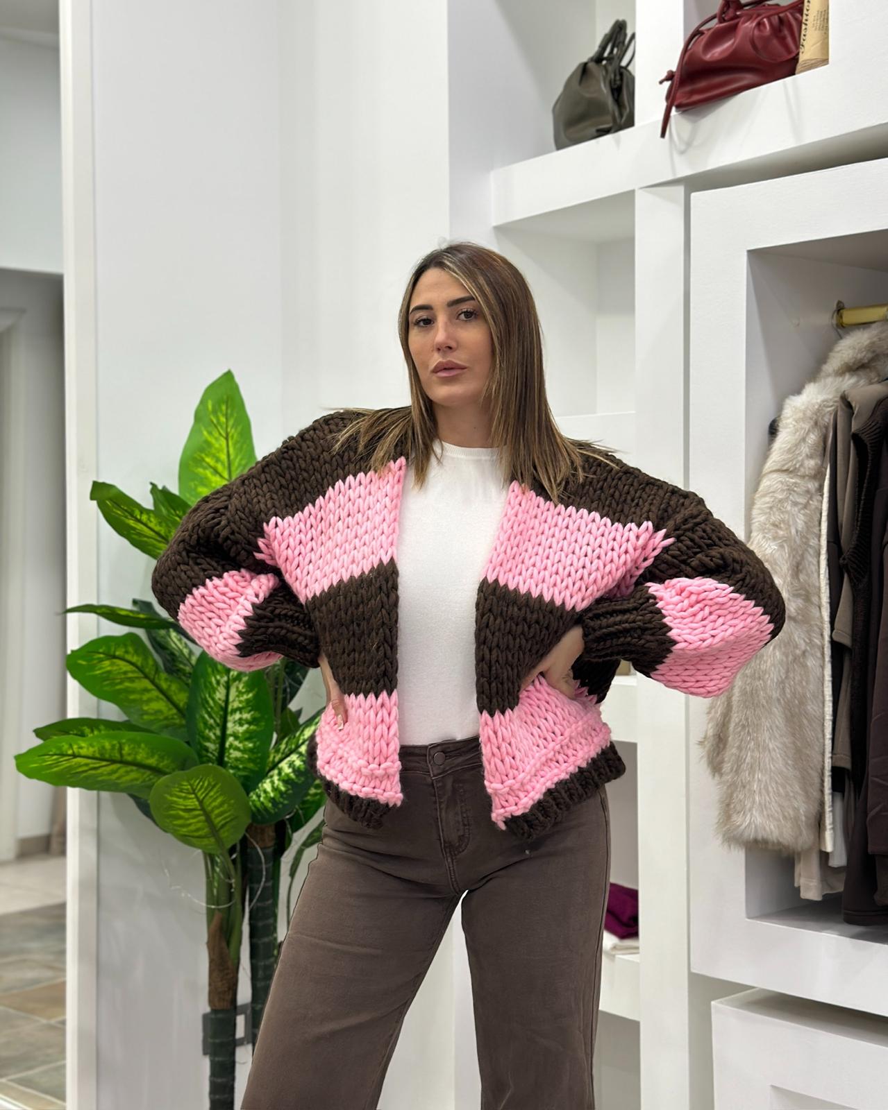 Cardigan Intreccio Double Marrone/Fucsia