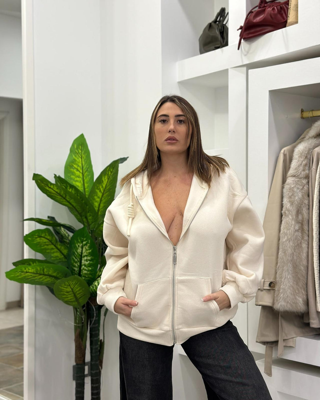 Felpa Basic Cappuccio Panna